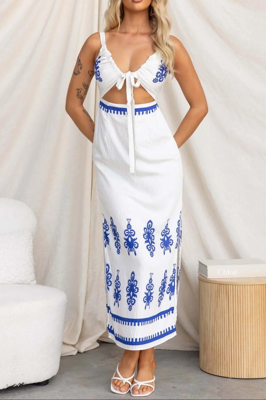 Front Tie V-Neck Ethnic Blue Print Spaghetti Strap Midi Dress