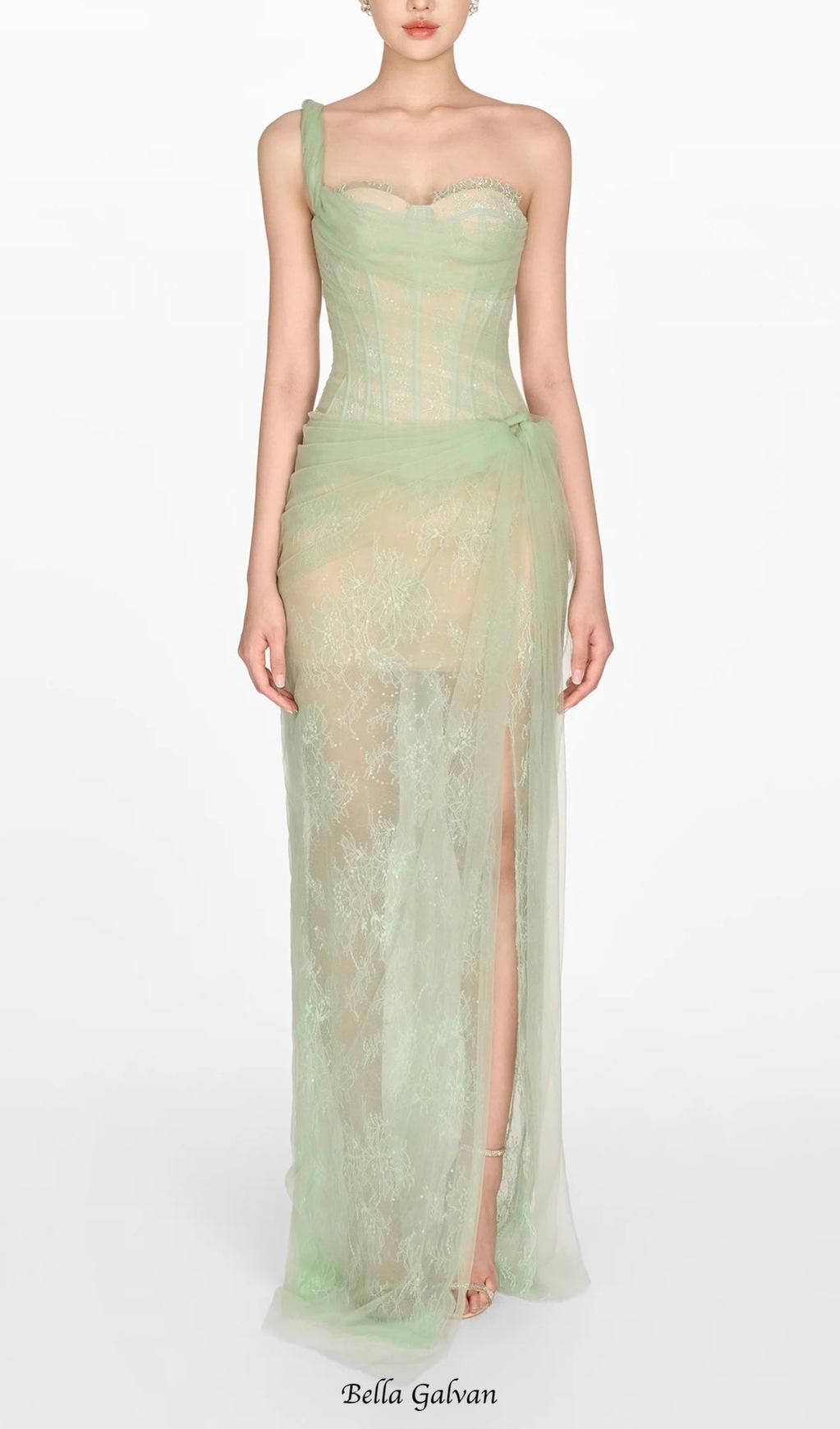 Flowering Girl Women ONE SHOULDER MESH RUCHED MIDI DRESS IN GREEN