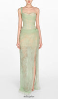 Flowering Girl Women ONE SHOULDER MESH RUCHED MIDI DRESS IN GREEN
