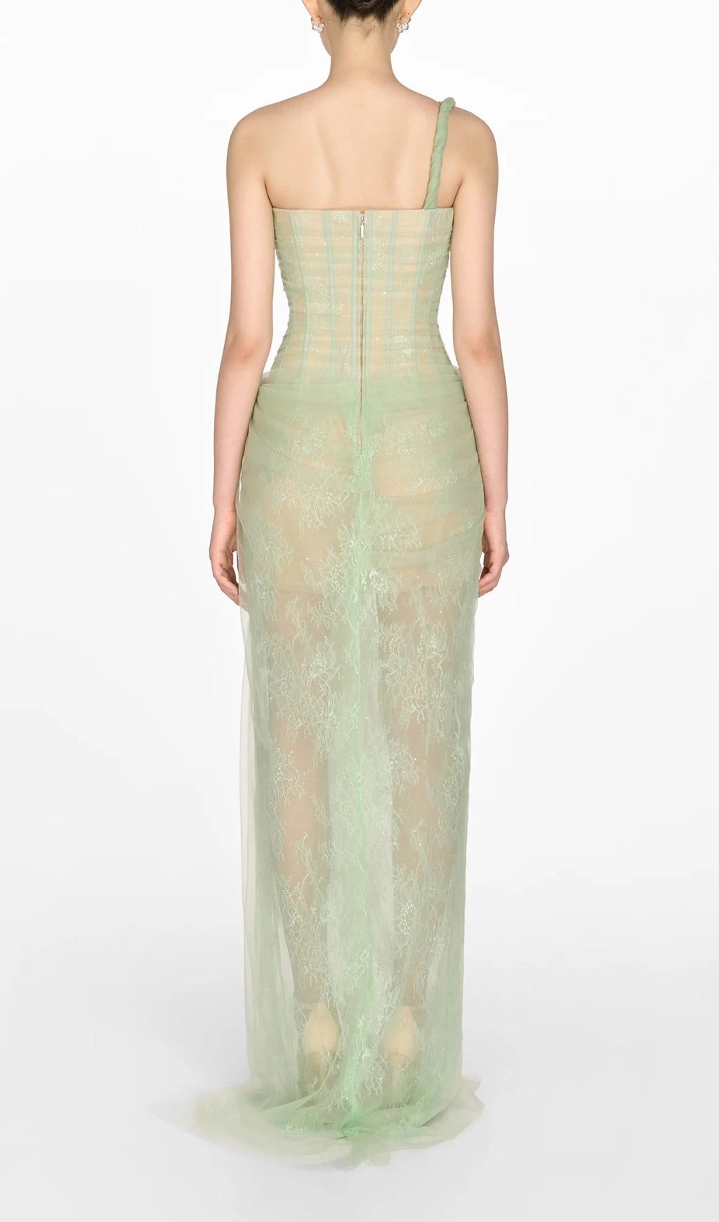 Flowering Girl Women ONE SHOULDER MESH RUCHED MIDI DRESS IN GREEN