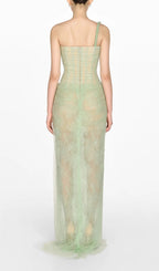 Flowering Girl Women ONE SHOULDER MESH RUCHED MIDI DRESS IN GREEN