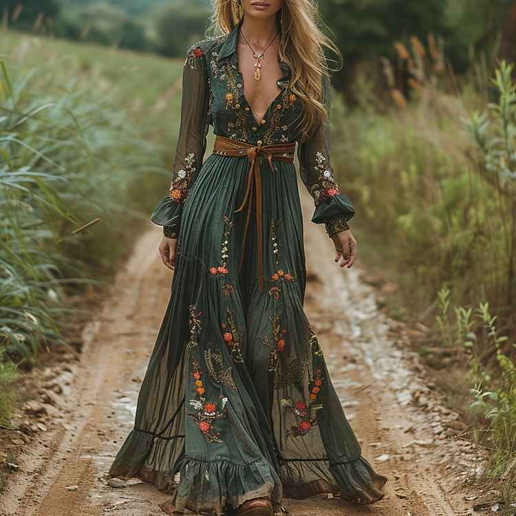Flowering Girl Women V-neck Linen Long-sleeved Long Dress