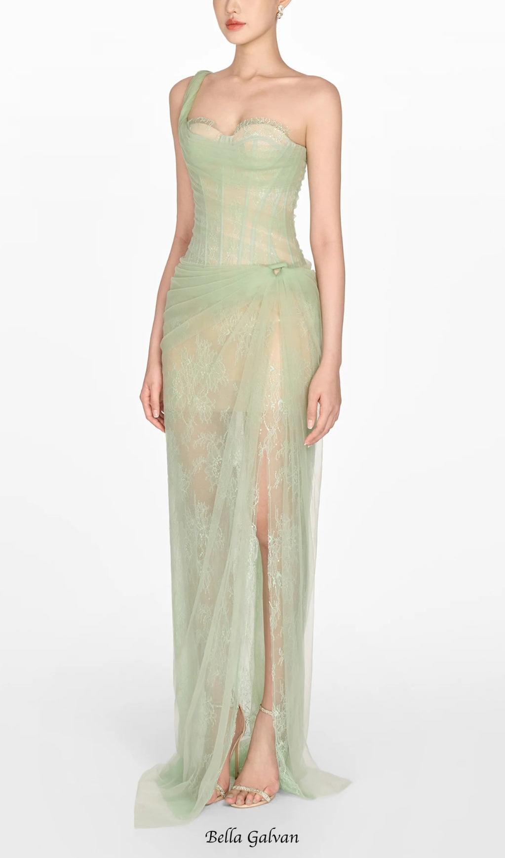 Flowering Girl Women ONE SHOULDER MESH RUCHED MIDI DRESS IN GREEN