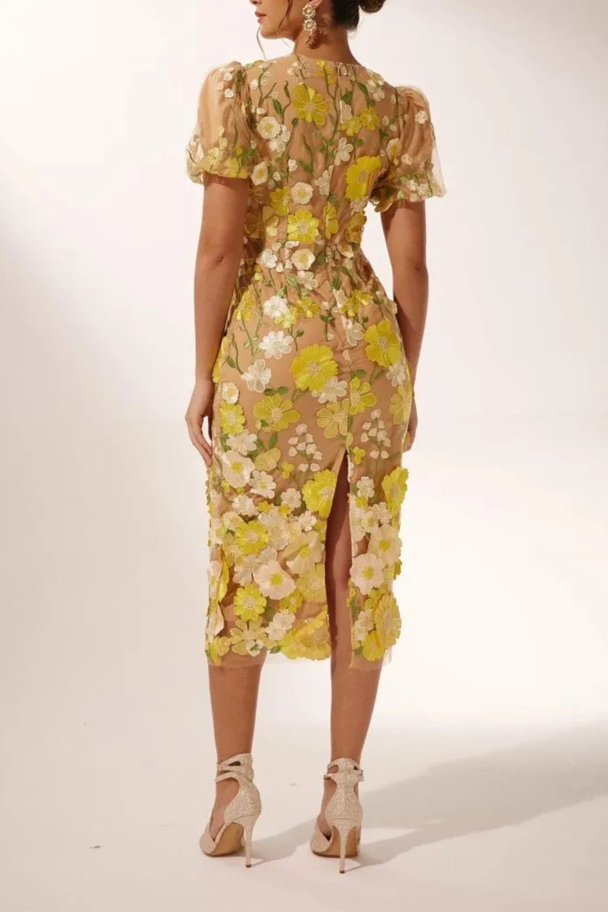 Flowering Girl Women Ereen Puff Sleeves V-Neck Flower Midi Dress