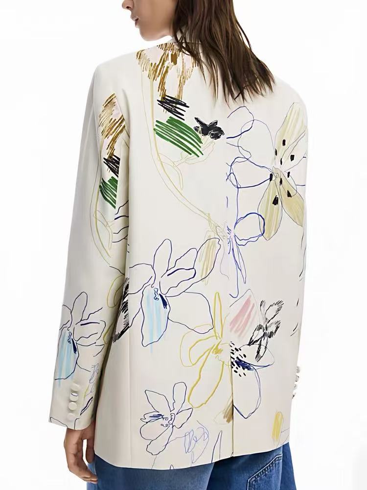 Cream Abstract Floral Sketch Print Long Sleeve Oversized Shirt