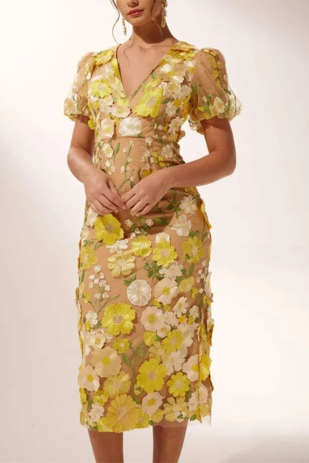 Flowering Girl Women Ereen Puff Sleeves V-Neck Flower Midi Dress