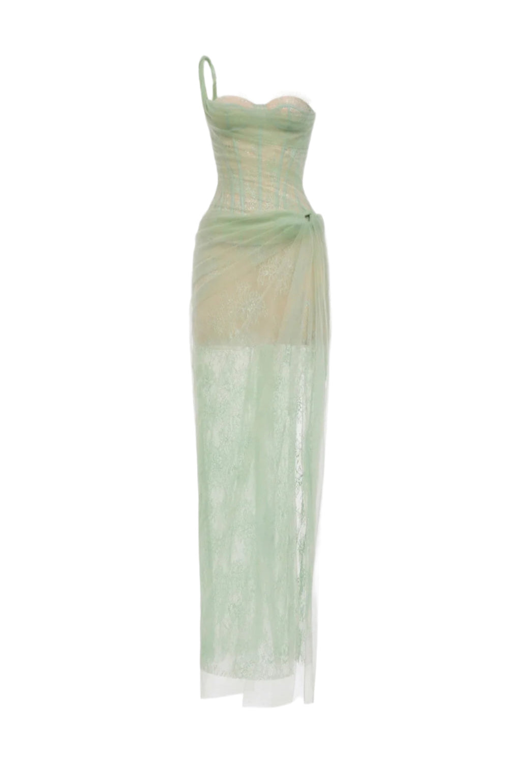 Flowering Girl Women ONE SHOULDER MESH RUCHED MIDI DRESS IN GREEN