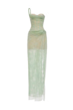 Flowering Girl Women ONE SHOULDER MESH RUCHED MIDI DRESS IN GREEN