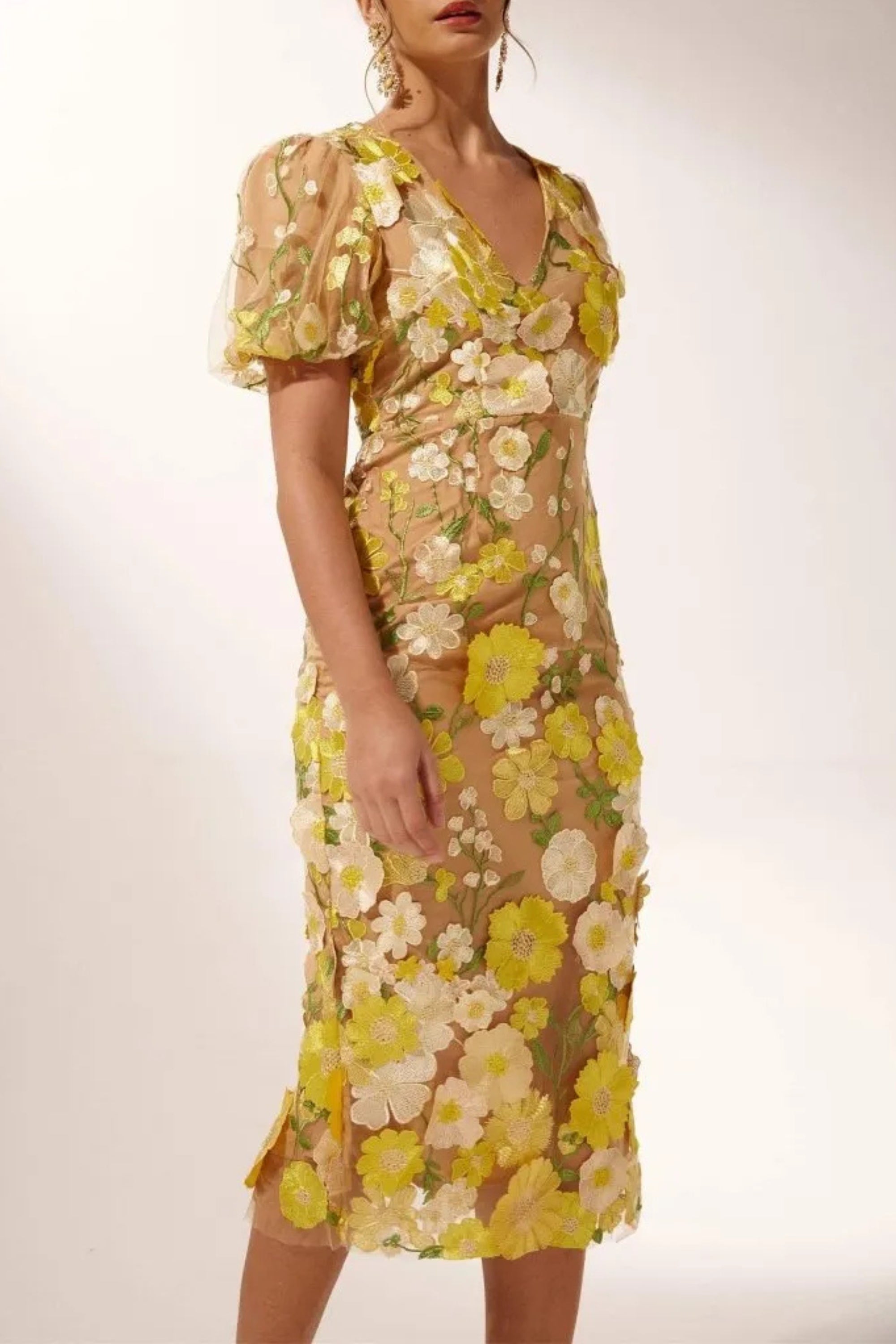 Flowering Girl Women Ereen Puff Sleeves V-Neck Flower Midi Dress