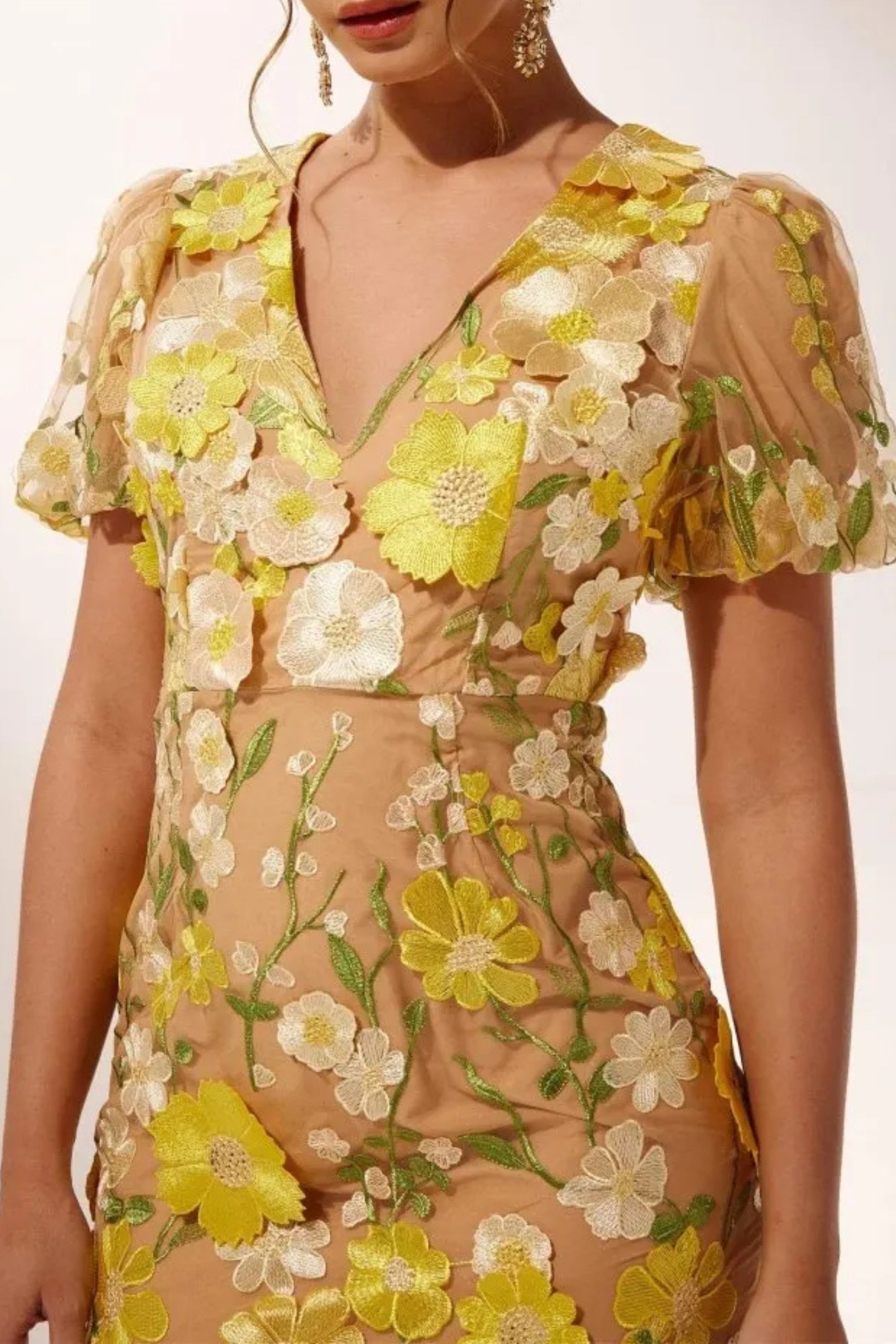 Flowering Girl Women Ereen Puff Sleeves V-Neck Flower Midi Dress