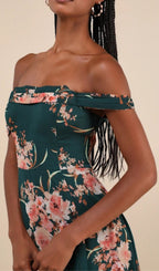 Flowering Girl Women Emerald Green Floral Off-The-Shoulder Maxi Dress