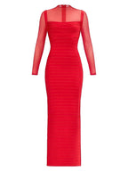 Tina Red Long-Sleeve Mesh See-Through Bandage Maxi Dress