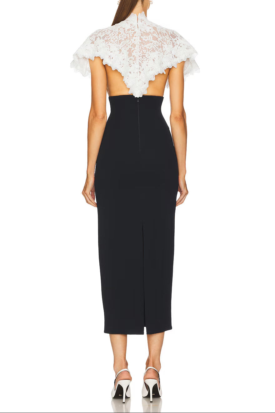 Flowering Girl Women Alice Lace Patchwork Shawl Bodycon Midi Dress In Black