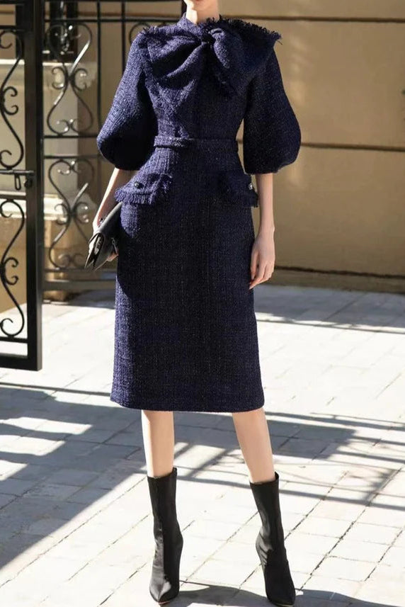 Mildred Tweed Bow Collar Midi Dress In Dark Blue