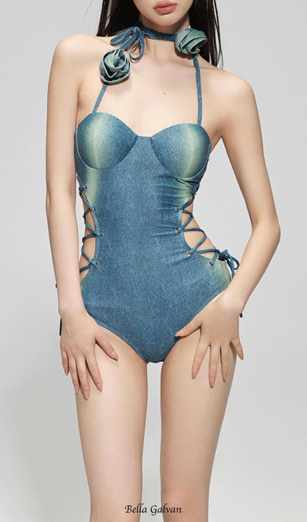 Flowering Girl Women Dodger Denim Flower One-Piece Swimsuit