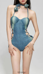 Flowering Girl Women Dodger Denim Flower One-Piece Swimsuit