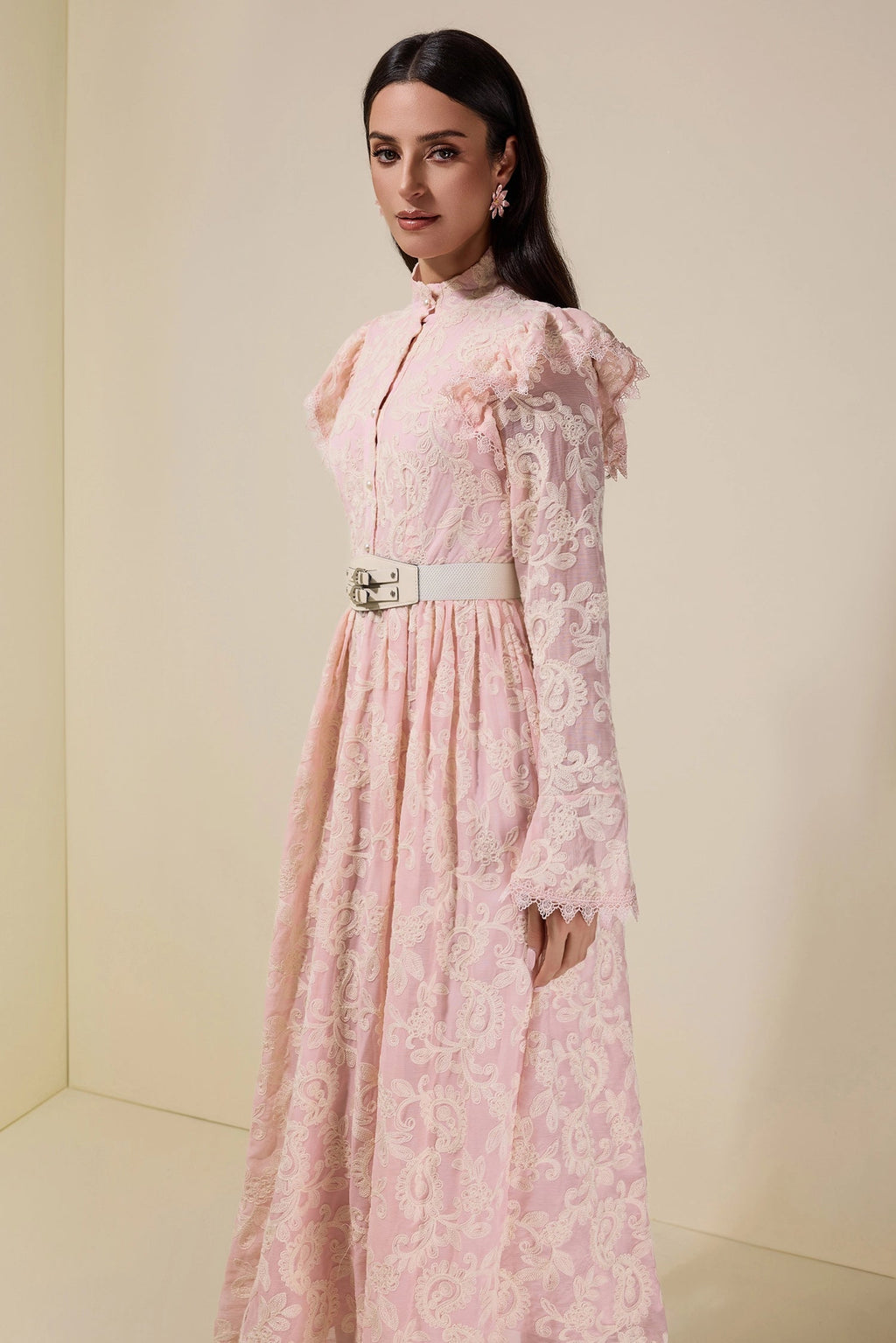 alma Chiffon Embroidered Single Breasted Midi Dress With Belt - pink