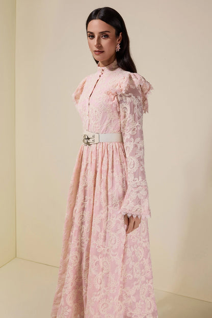 alma Chiffon Embroidered Single Breasted Midi Dress With Belt - pink