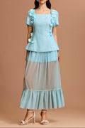 Flowering Girl Women Ursula Blue Short Sleeves Flowers Folds Top And Skirt Two-Piece Set