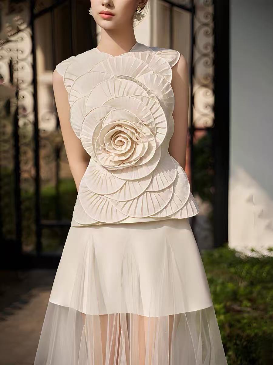 Karima Neutral 3D Petal Top & Skirt Set