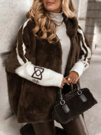 Flowering Girl Women Plush Hooded Vertical Stripe Printed Casual Coat