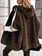 Flowering Girl Women Plush Hooded Vertical Stripe Printed Casual Coat