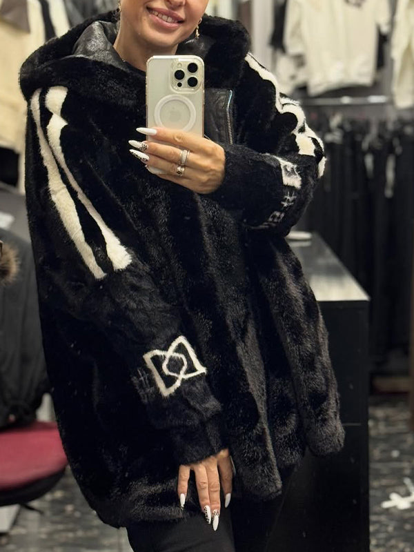 Flowering Girl Women Plush Hooded Vertical Stripe Printed Casual Coat