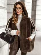 Flowering Girl Women Plush Hooded Vertical Stripe Printed Casual Coat