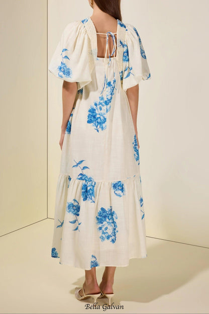 susie Print Smocking Puff Sleeve Midi Dress - blue