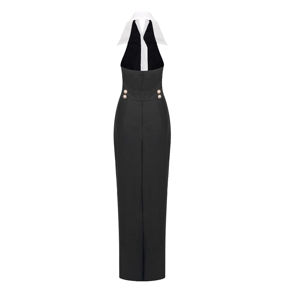 Flowering Girl Women pearl-button halter black maxi dress