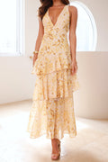 Flowering Girl Women v-neck Waves floral print backless Maxi Dress - Yellow