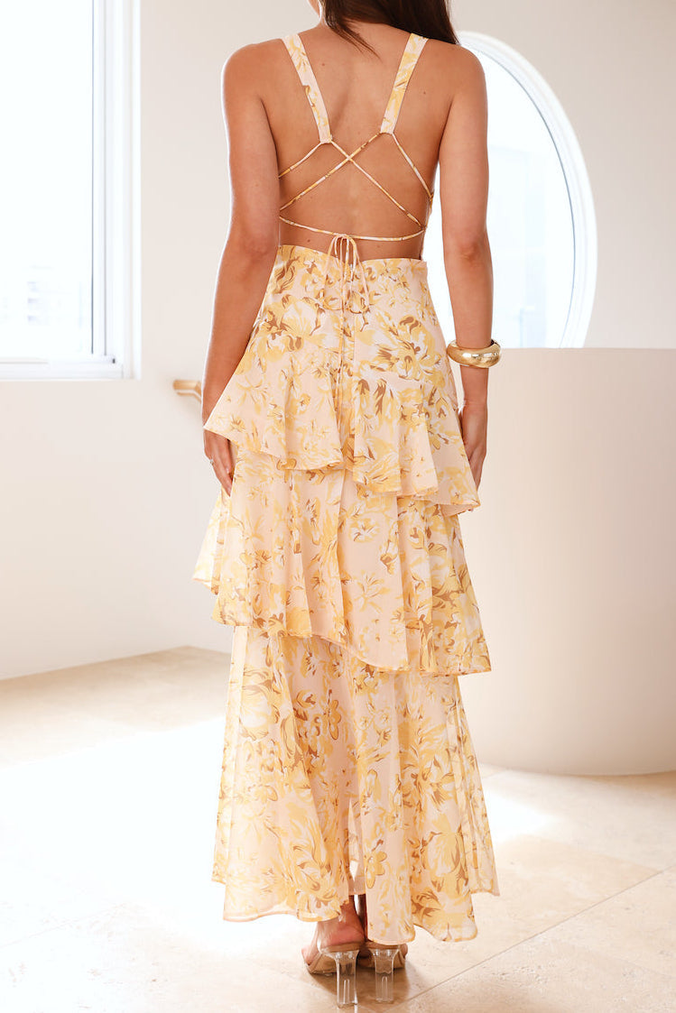 Flowering Girl Women v-neck Waves floral print backless Maxi Dress - Yellow
