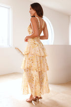 Flowering Girl Women v-neck Waves floral print backless Maxi Dress - Yellow