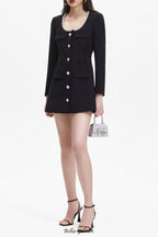 viola black Square Neck Rhinestone Pleated Mini Dress