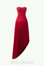 Flowering Girl Women Spaghetti Strap Asymmetric Pleated midi Dress in red