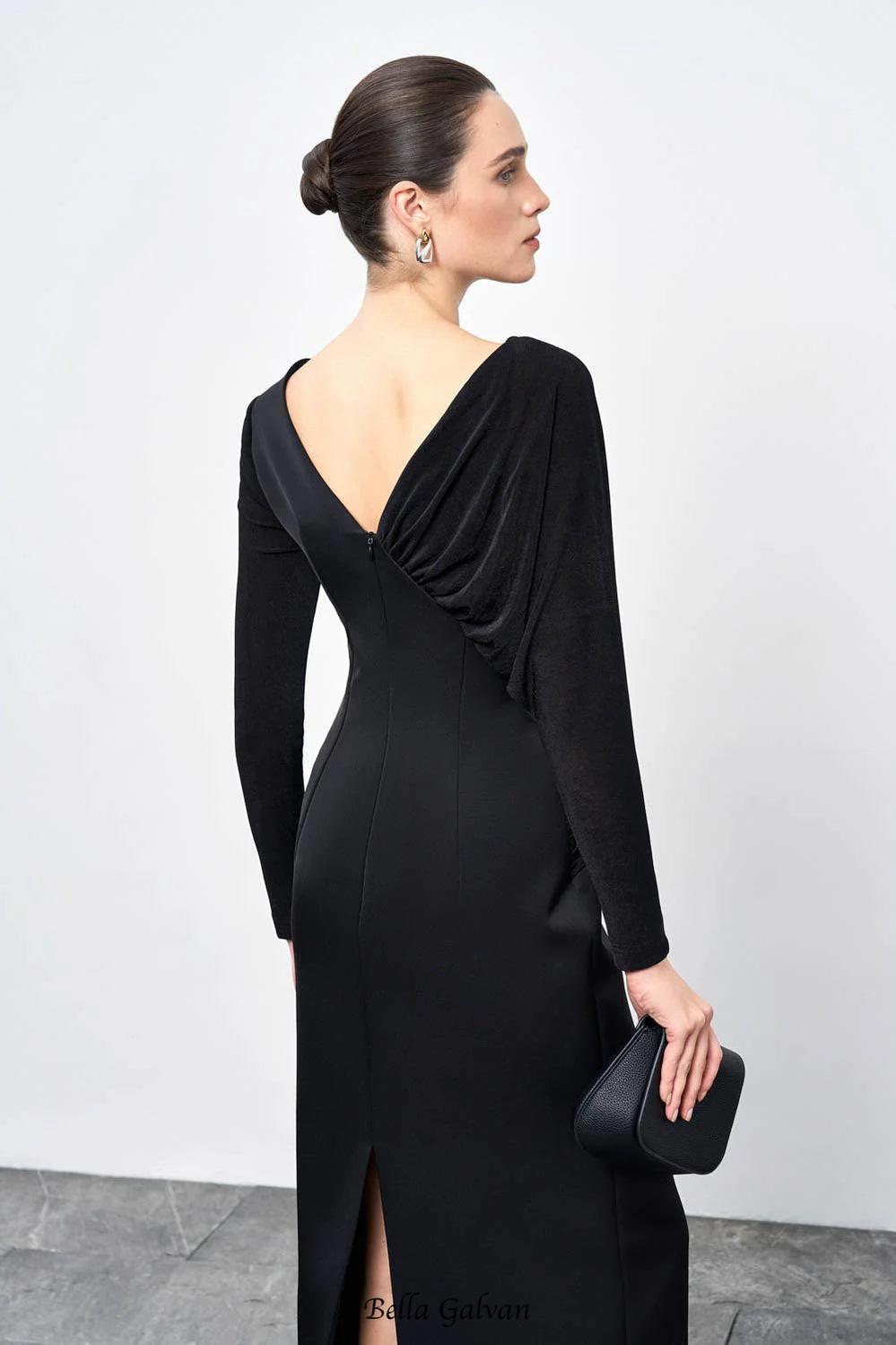 Flowering Girl Women Mirabel A-line Back Slit Taffeta Midi Dress in black