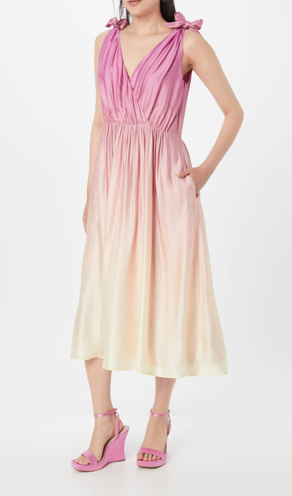 Flowering Girl Women Wrap-Over Midi Dress In Pastel Yellow Without Belt