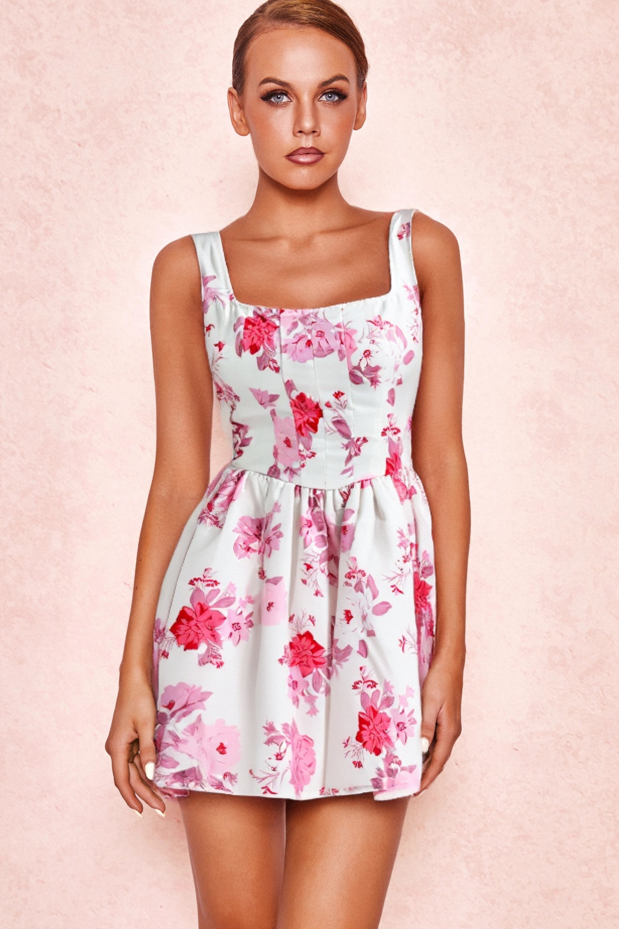 Flowering Girl Women Retale Pink Floral Flared Mini Dress