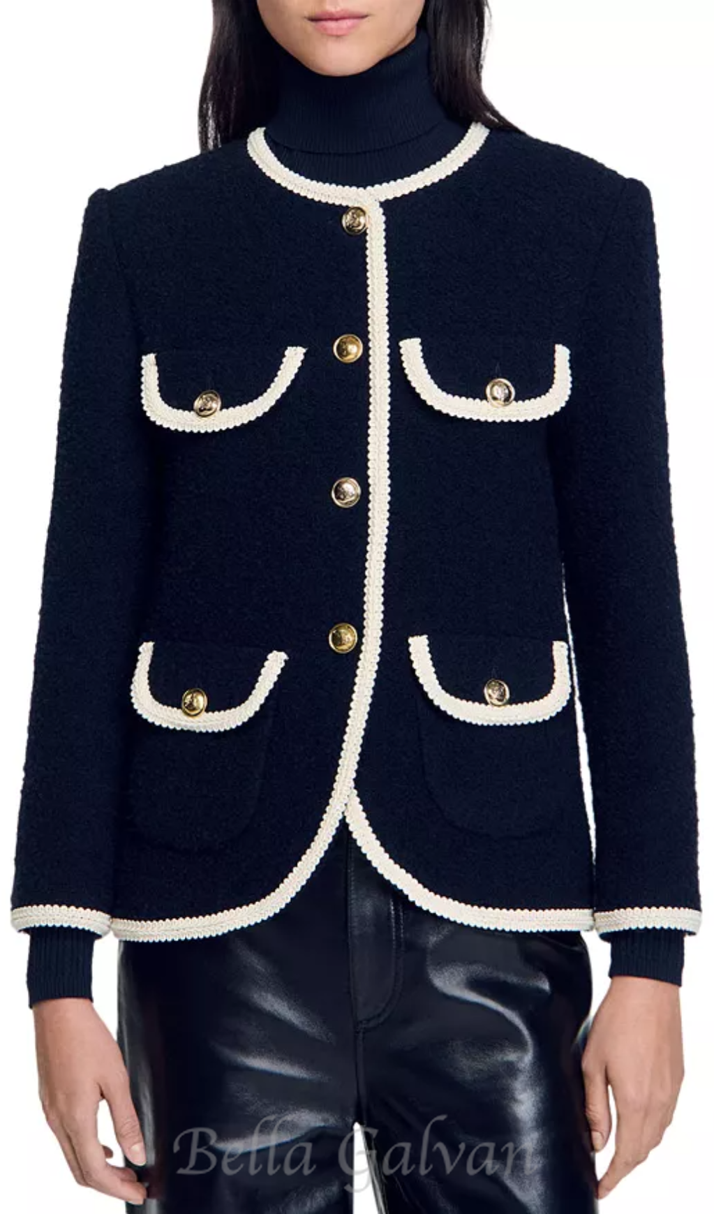 Flowering Girl Women Jill Tweed Contrast Trim Jacket in navy blue