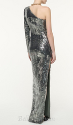 Flowering Girl Women Floral-appliqué sequin gown in silver