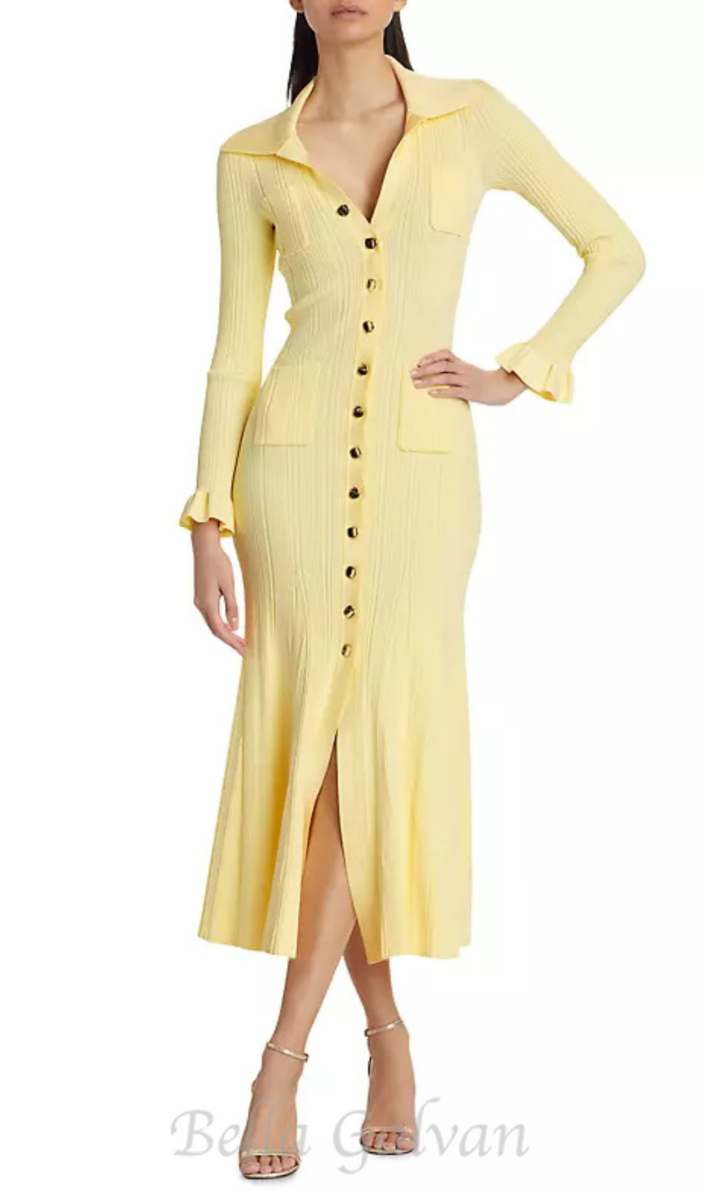 Flowering Girl Women Rib-Knit Fluted Midi Shirt dress in yellow