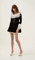 Flowering Girl Women Fabiana black lace-trimmed velvet mini dress
