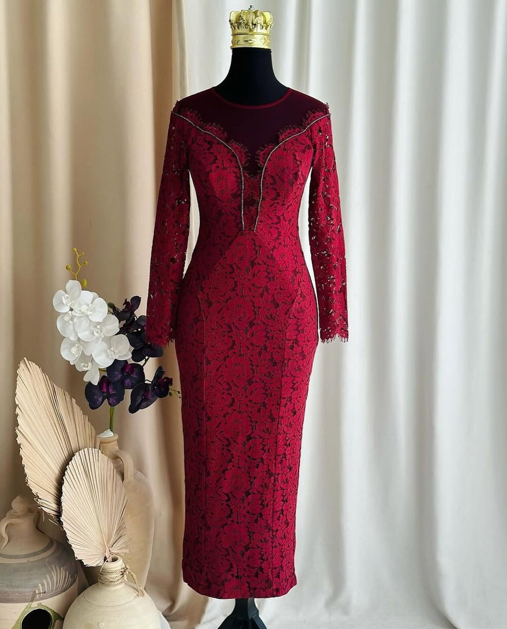Flowering Girl Women lace hollow maxi dress in red