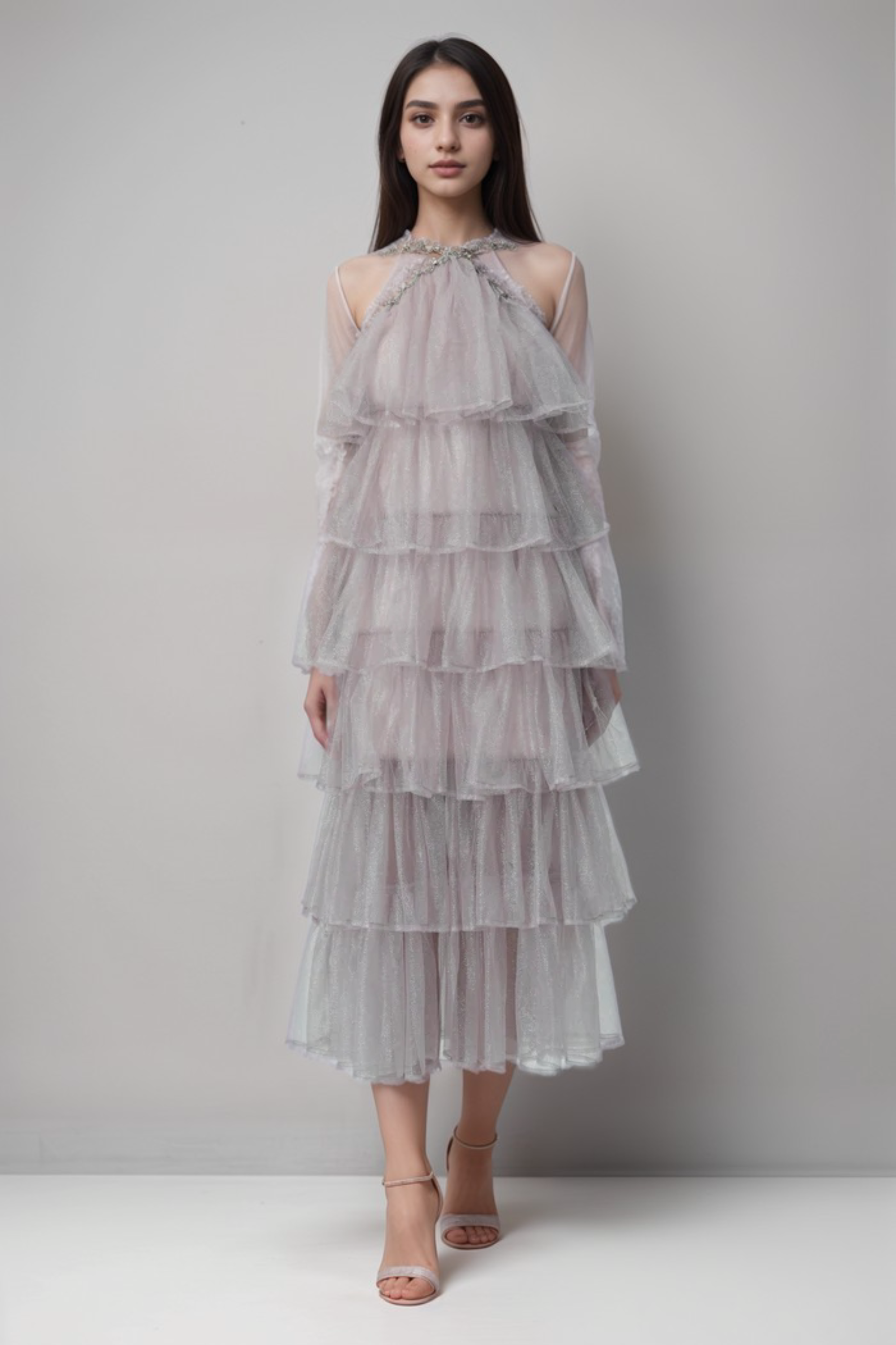Flowering Girl Women Layered Ruffle Halter Dress With Sparkle Sheer Fabric