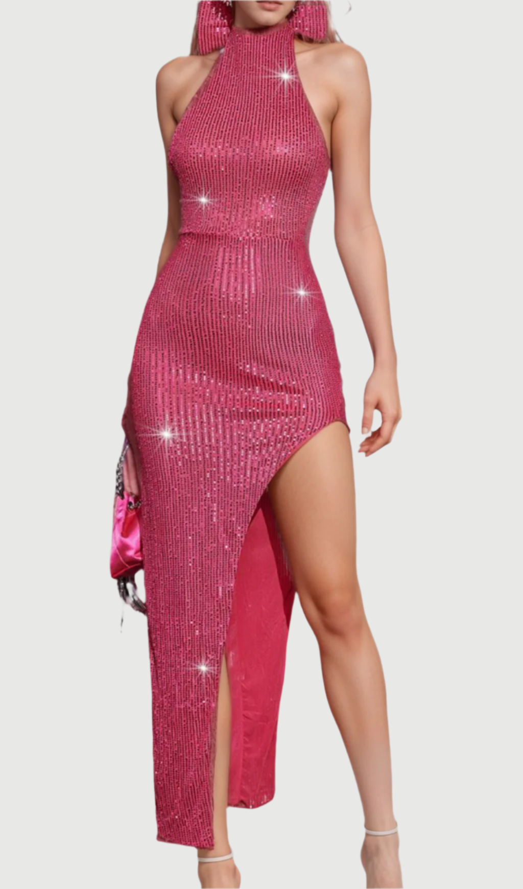 Flowering Girl Women Backless Back Bow Sequin Maxi Dress In Hot Pink