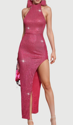 Flowering Girl Women Backless Back Bow Sequin Maxi Dress In Hot Pink