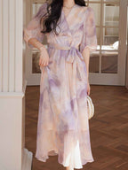 Flowering Girl Women phoenix Classic V-Neck Floral Printed Tie Dress