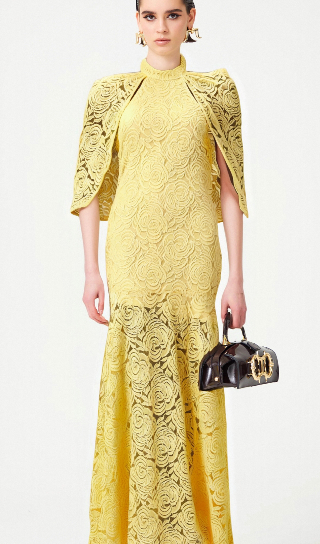 Flowering Girl Women Ursula yellow cape-design chantilly-lace maxi dress