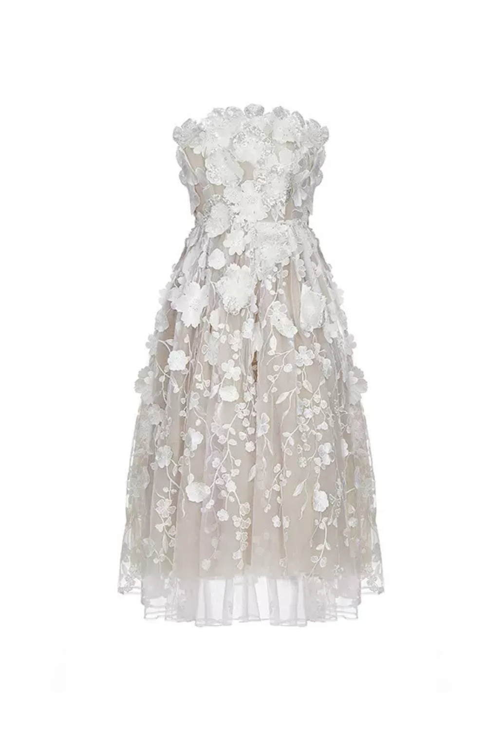 anna crystal floral embroidery midi dress in white