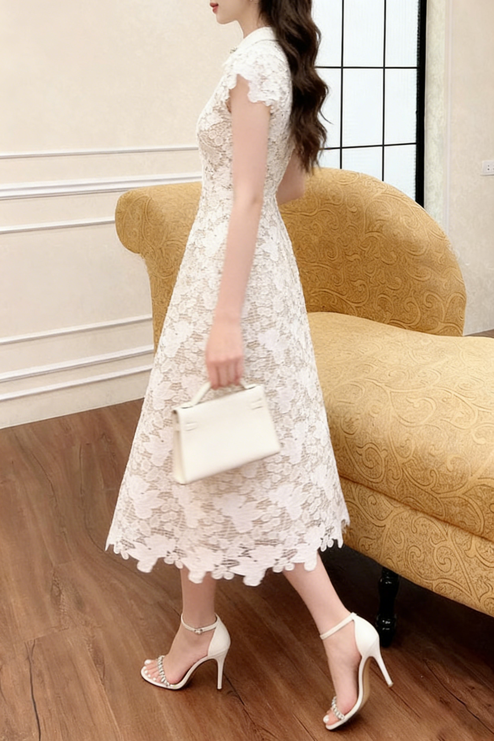 Leila White 3D Flower Embroidery Bow Lace Midi Dress